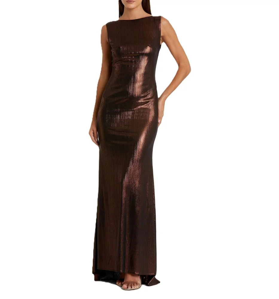 Metallic Cowl Back Column Gown