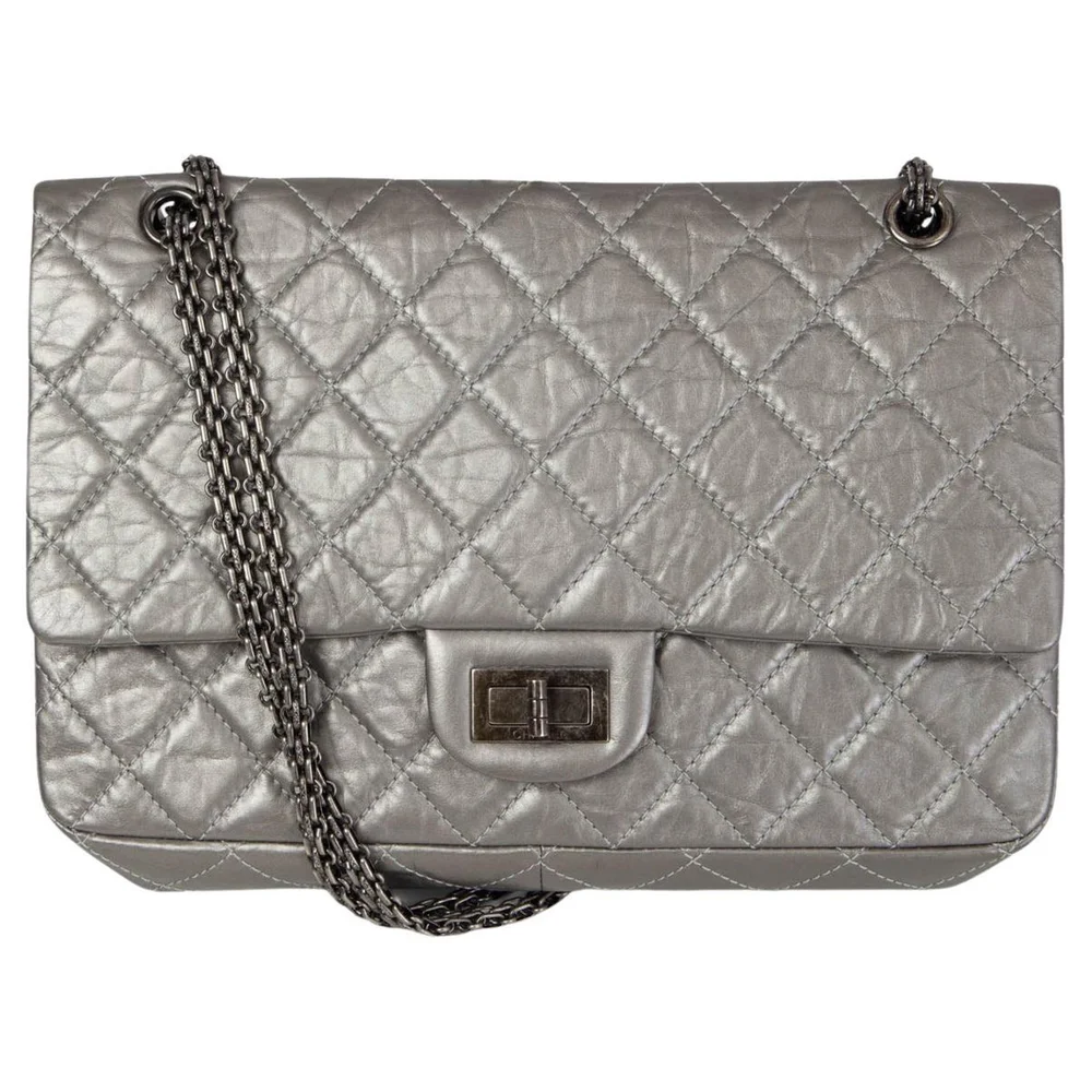 Pre-Owned Metallic Dark Silver Quilted Leather 2.55 Reissue 227 Maxi Shoulder Bag