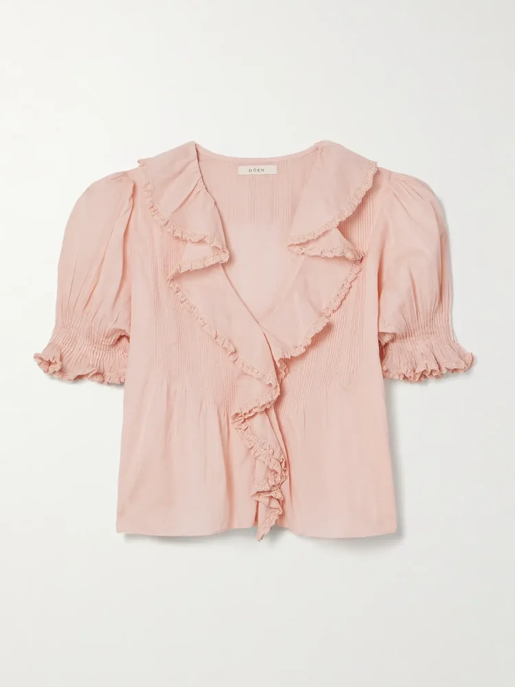 henri lace trimmed ruffled pintucked organic cotton voile blouse