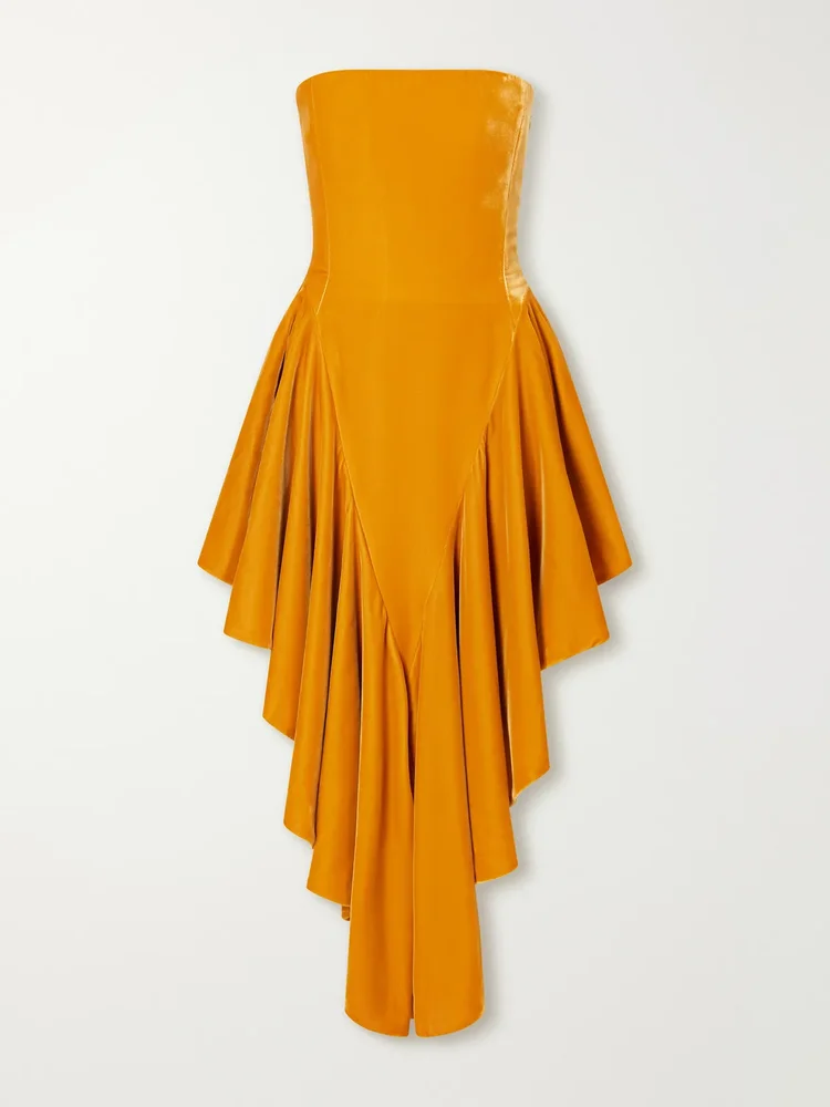 Strapless asymmetric ruffled velvet midi dress