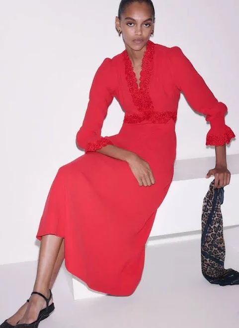 ME+EM Fit & Flare Lace Detail Maxi Dress Rose Petal Red Women's