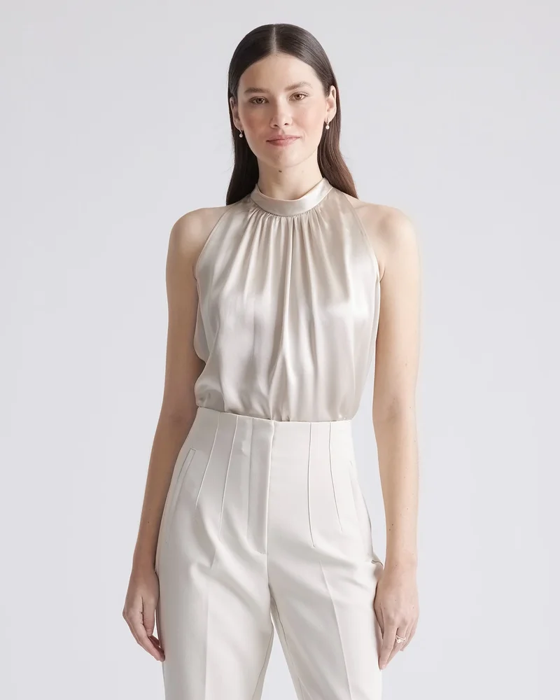 100% Washable Silk Halter Top in Champagne
