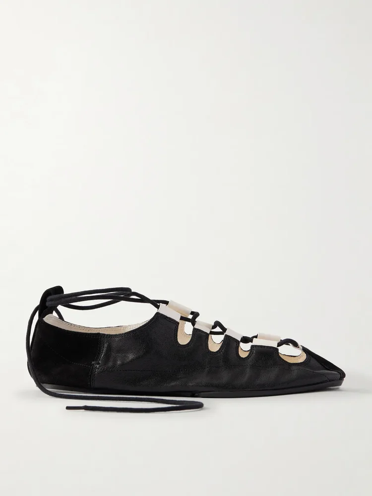 Suede-trimmed leather ballet flats