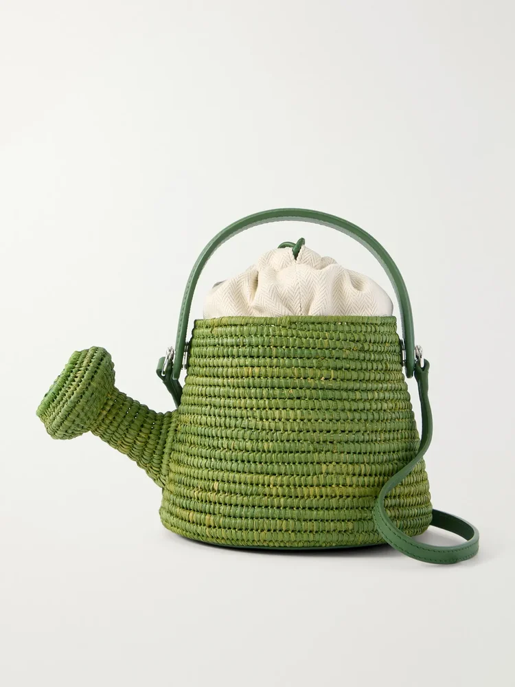 Paula's Ibiza Watering Can leather-trimmed raffia shoulder bag