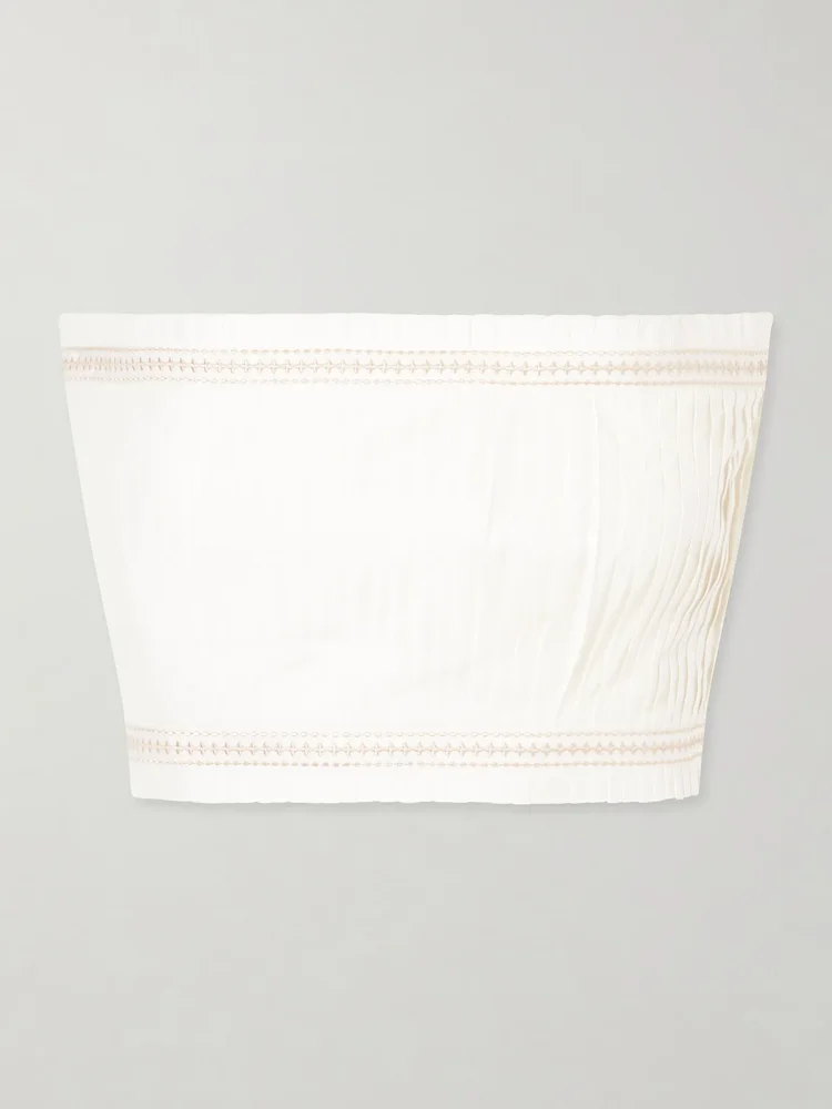 Flavia strapless cropped embroidered pleated cotton-blend top