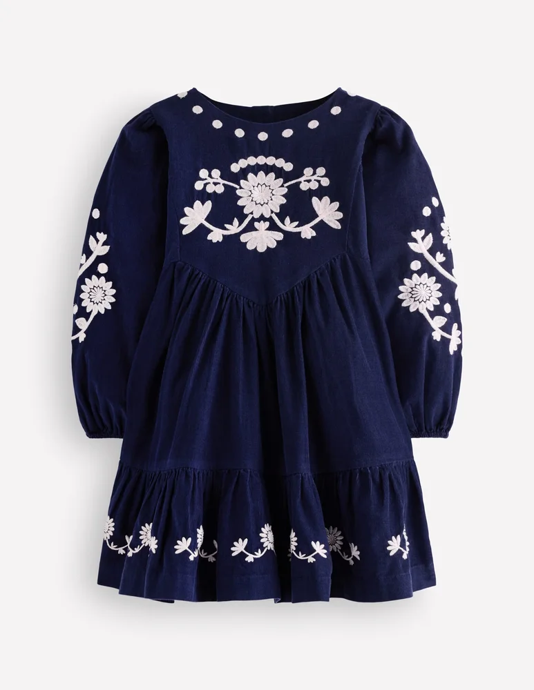 Celia Wing Sleeve Dress-Navy Corduroy Embroidery