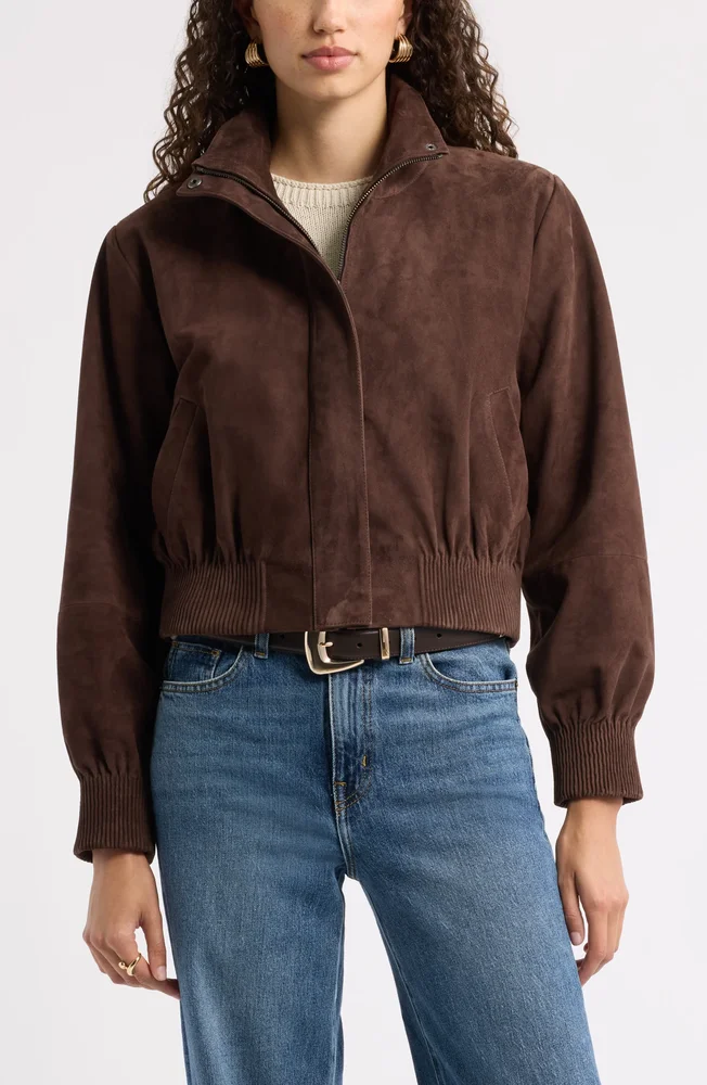 Funnel Neck Suede Bomber Jacket