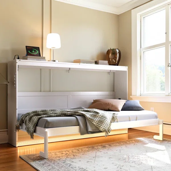 Twin Murphy Bed, Space-Saving Side-Folding Design with LED Lighting and USB Port