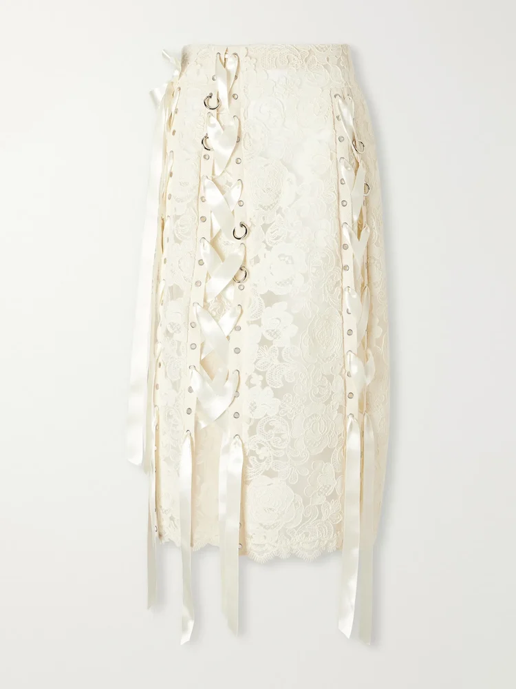 Unraveling Ribbon Ring embellished lace and satin midi skirt