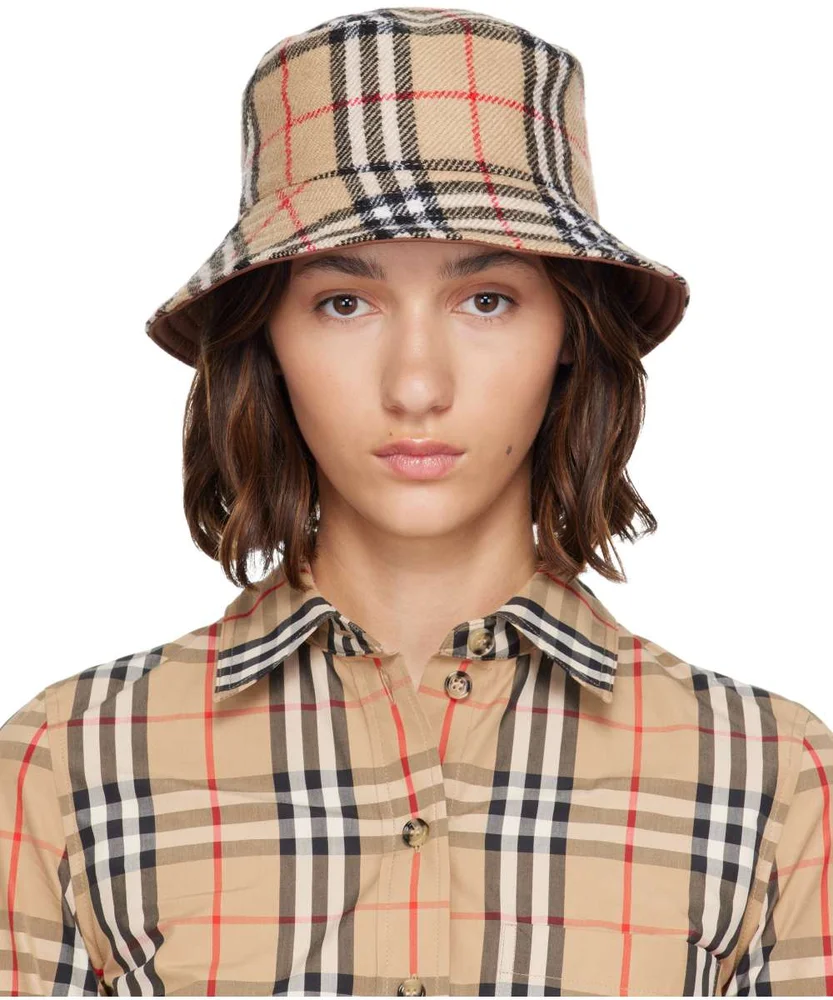 Beige Wool Check Reversible Bucket Hat