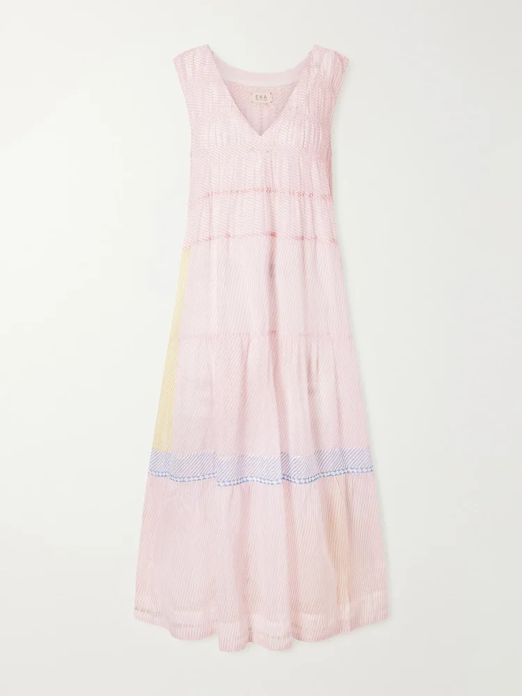 Ember tie-detailed striped cotton silk dress