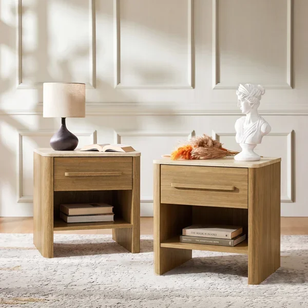 Bramwell 18.9-inch H 1-Drawer Nightstand with Travertine Stone-Look Top and Open Storage (Set of 2)