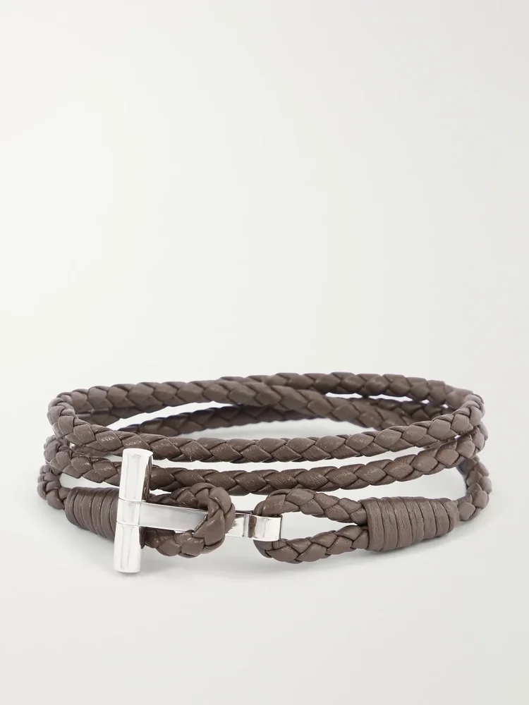 Woven Leather and Silver-Tone Wrap Bracelet