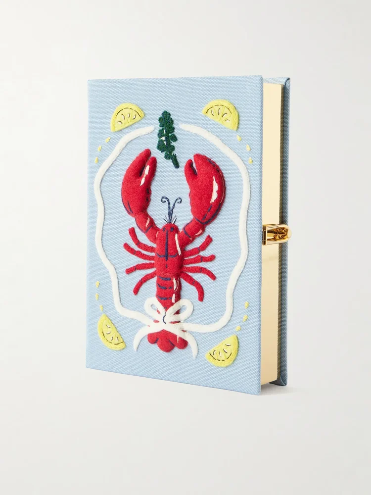 Lobster appliquéd embroidered canvas clutch