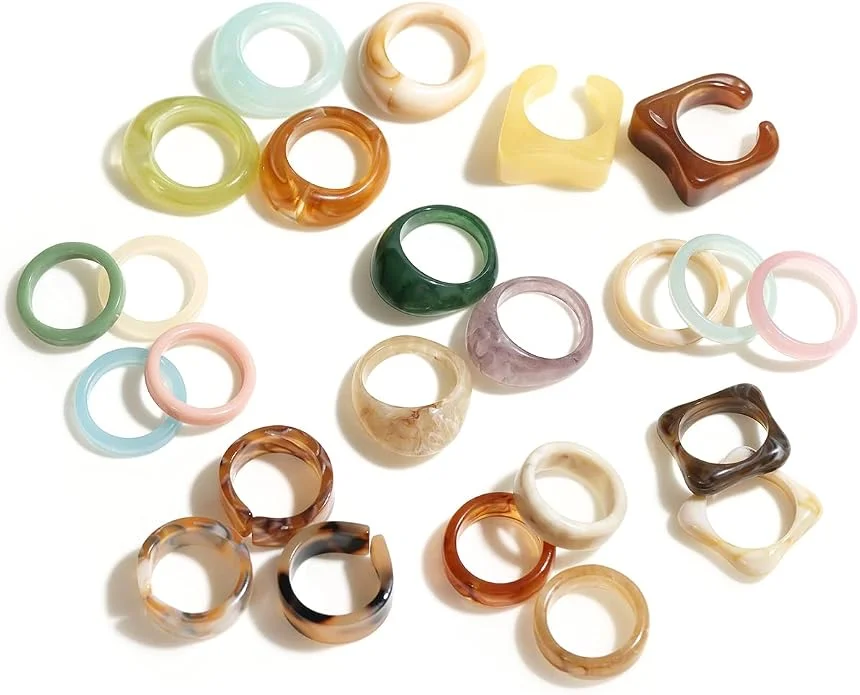 Viva Joya Resin Acrylic Plastic Knuckle Rings for Women, Chunky Trendy Colorful Stackable Jewelry, Statement Dome Thick Rings, Bulk Set