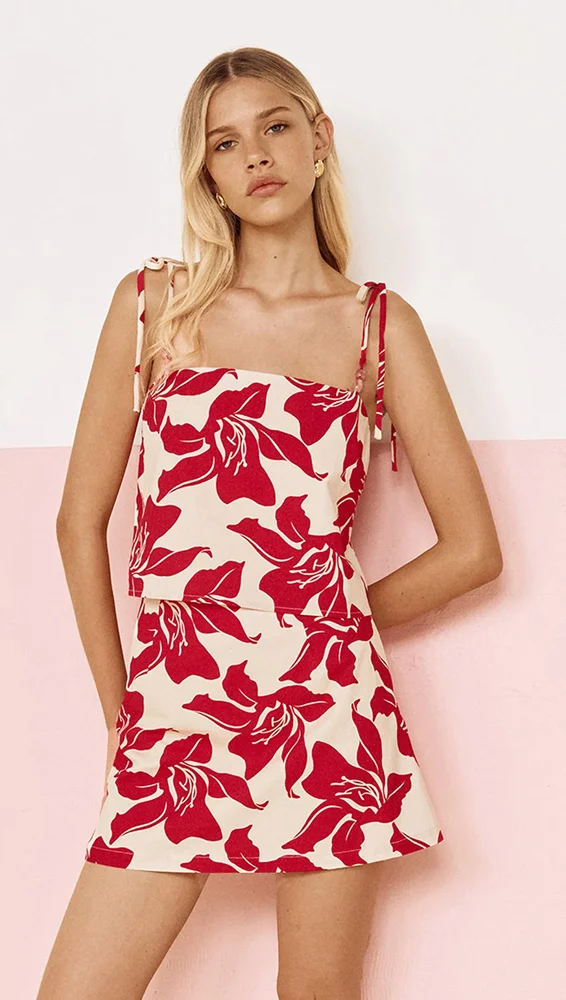 Cotton A-Line Mini Skirt in Red Floral