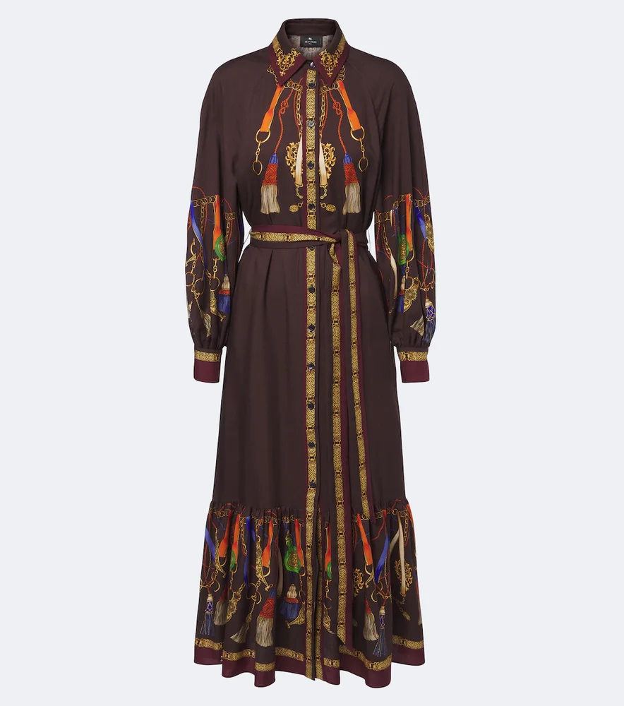 Printed wool and silk twill shirt dress