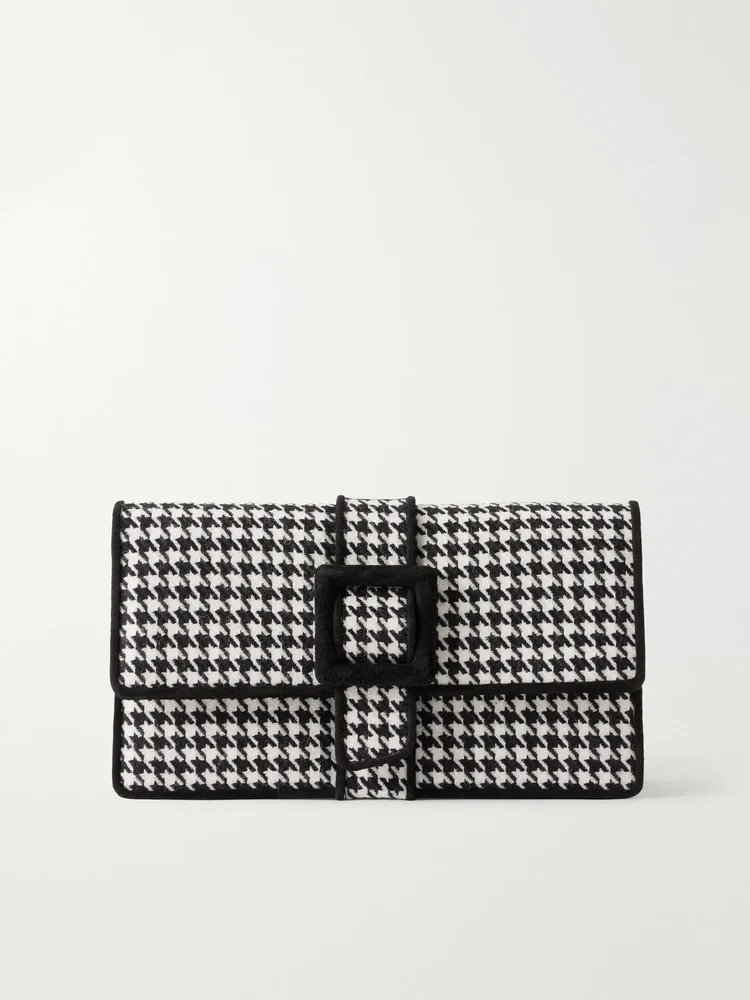 Maycap suede-trimmed houndstooth wool clutch