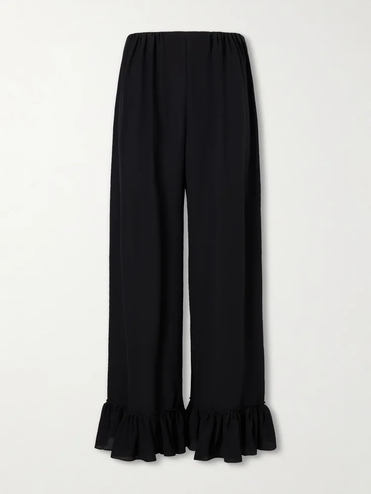 ruffled silk crepe de chine wide leg pants