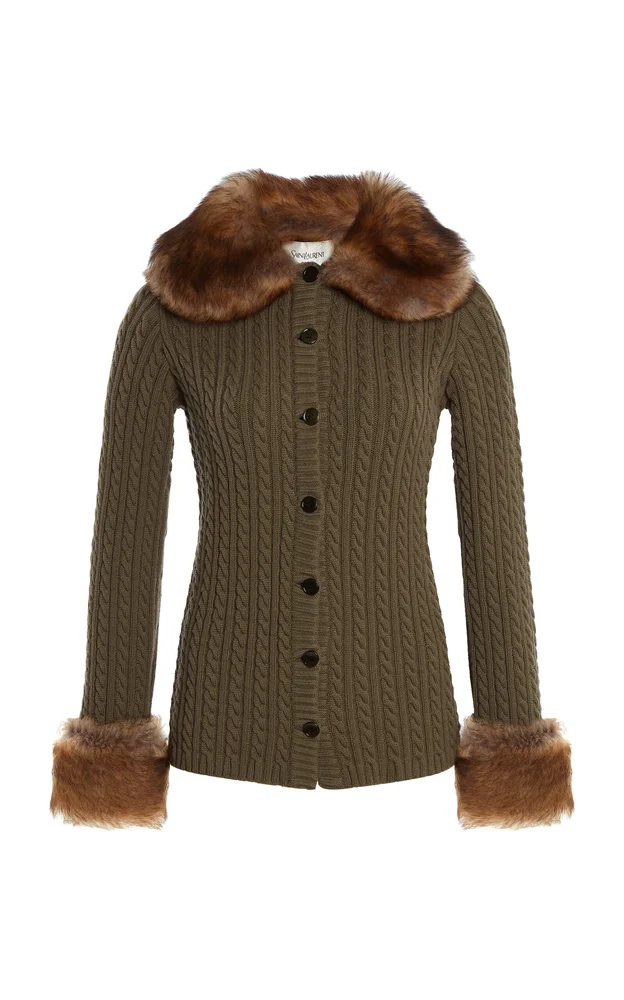 Cashmere Cable Knit Cardigan with Fur Trim