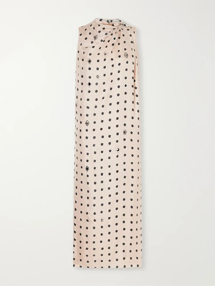 Jackie bead-embellished gathered printed silk-satin maxi dress