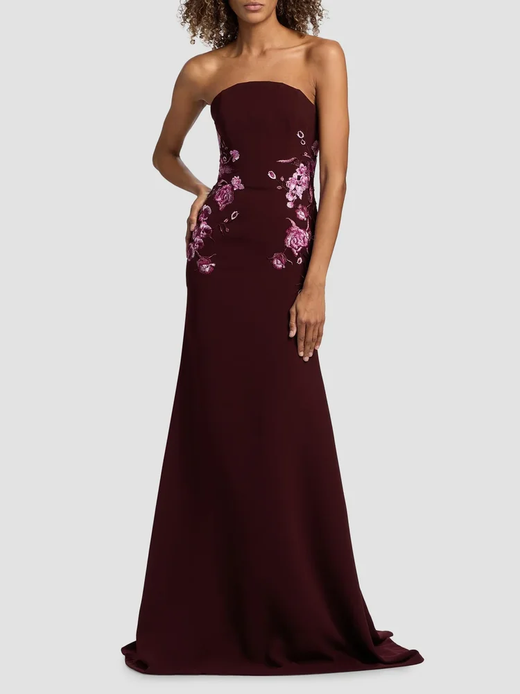 Floral-Appliqué Crepe Strapless Fit & Flare Gown