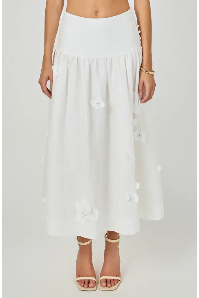 Floral Detail Linen Midi Skirt