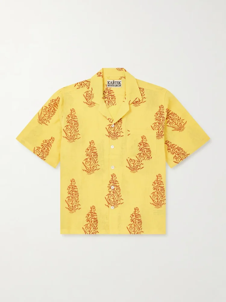 Camp-Collar Printed Linen Shirt