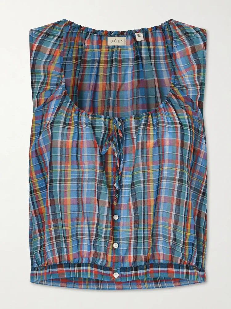theo gathered checked organic cotton voile top
