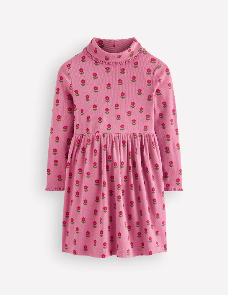 Boden High Neck Ribbed Dress-Pink Flower Stamp
