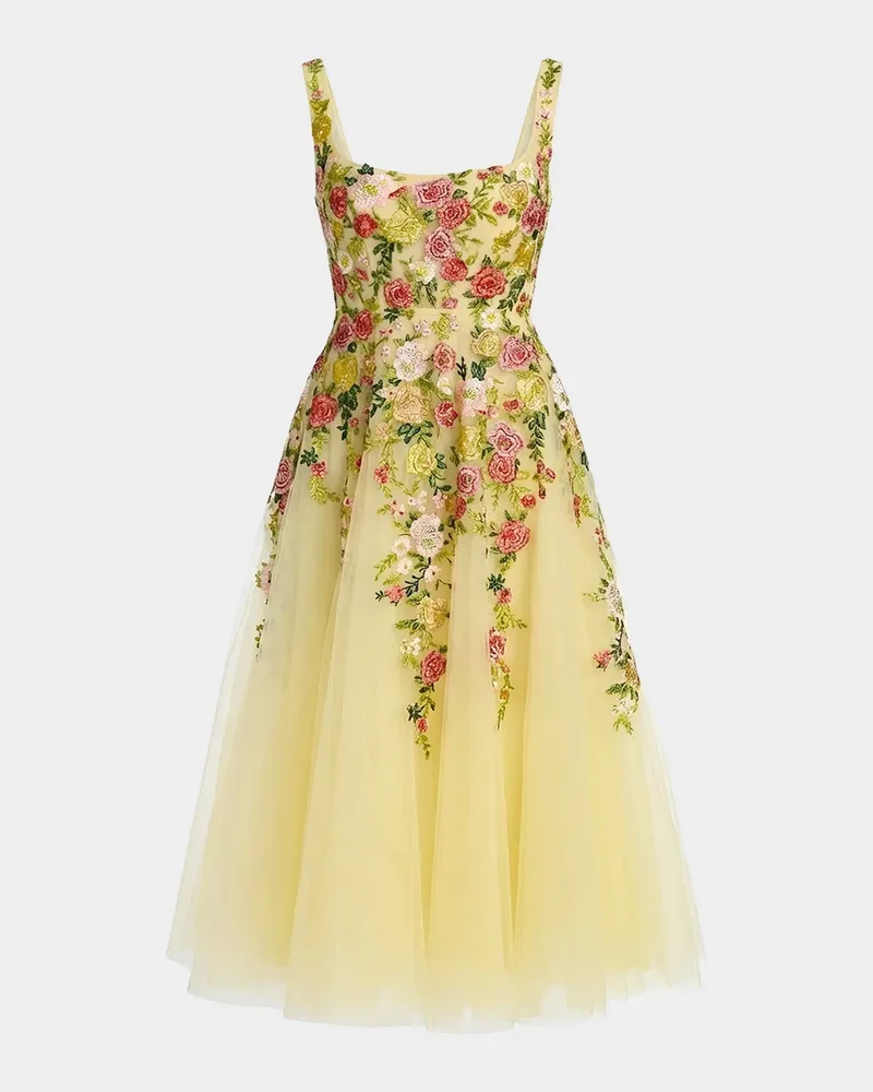 Floral-Embroidered Tulle A-Line Midi Dress