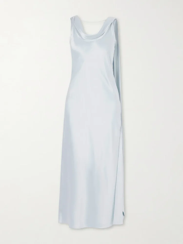Scarf-detailed draped silk-satin midi dress