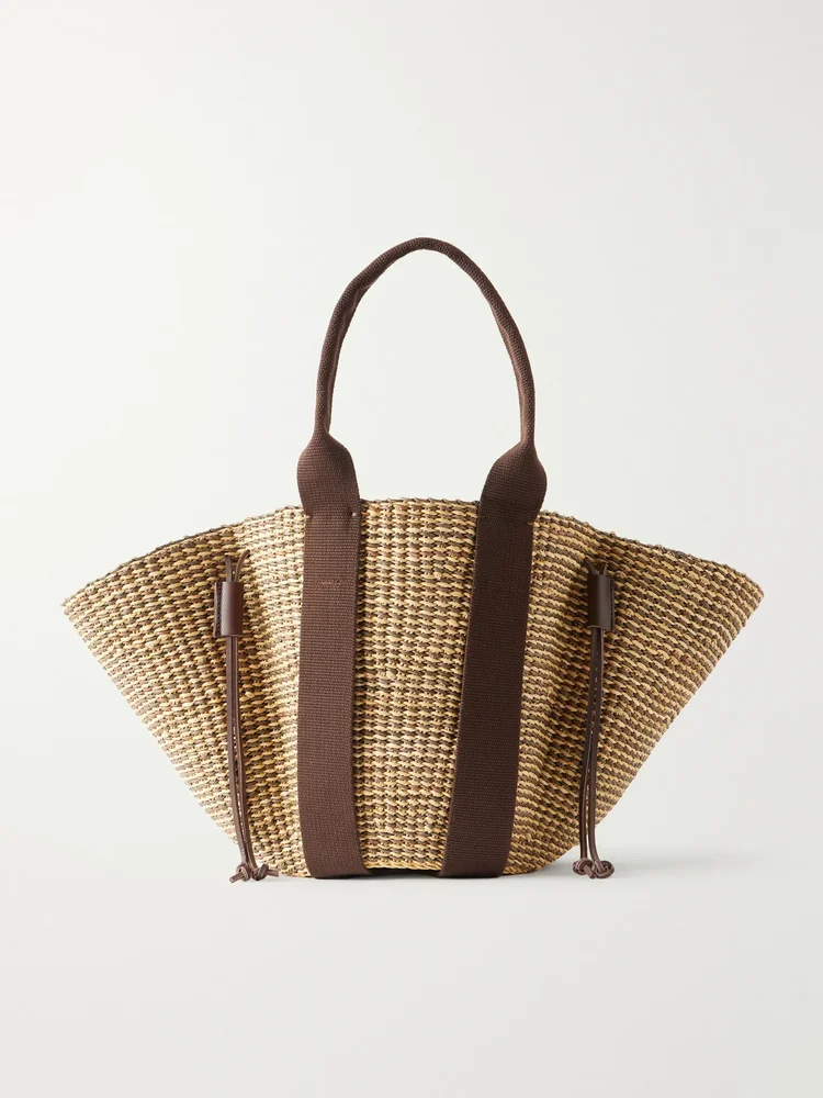 Cotton and leather-trimmed raffia tote