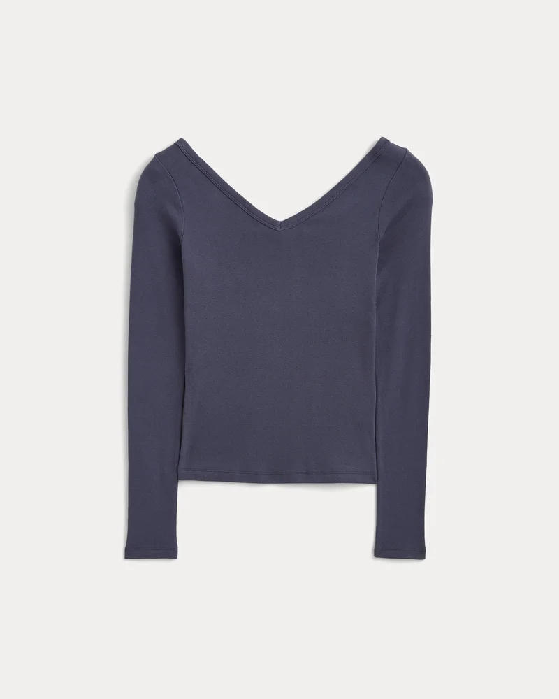 RetroSoft Cotton Wide V-Neck Top | Graystone
