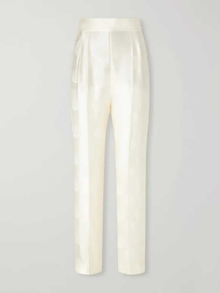 Polka-dot silk jacquard straight-leg pants