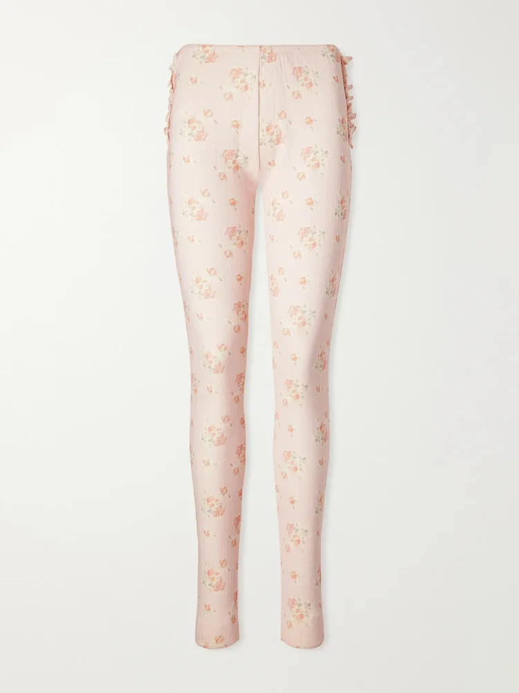 Ruffled floral-print pointelle-knit cotton-jersey leggings