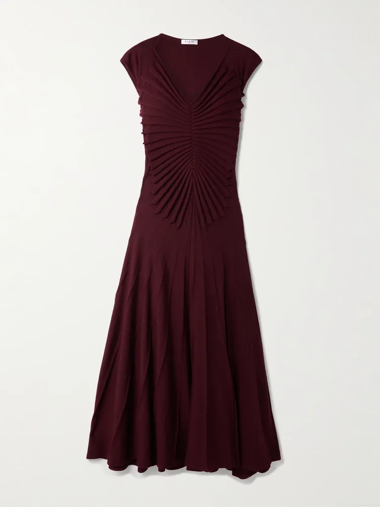 pleated wool midi dress
