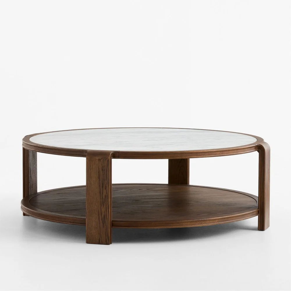 Edgeworth Brown Oak Wood and Carrara Marble 49" Round Coffee Table