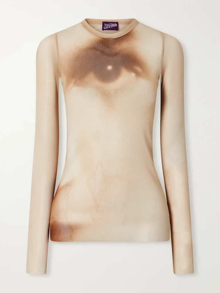 Face printed mesh blouse