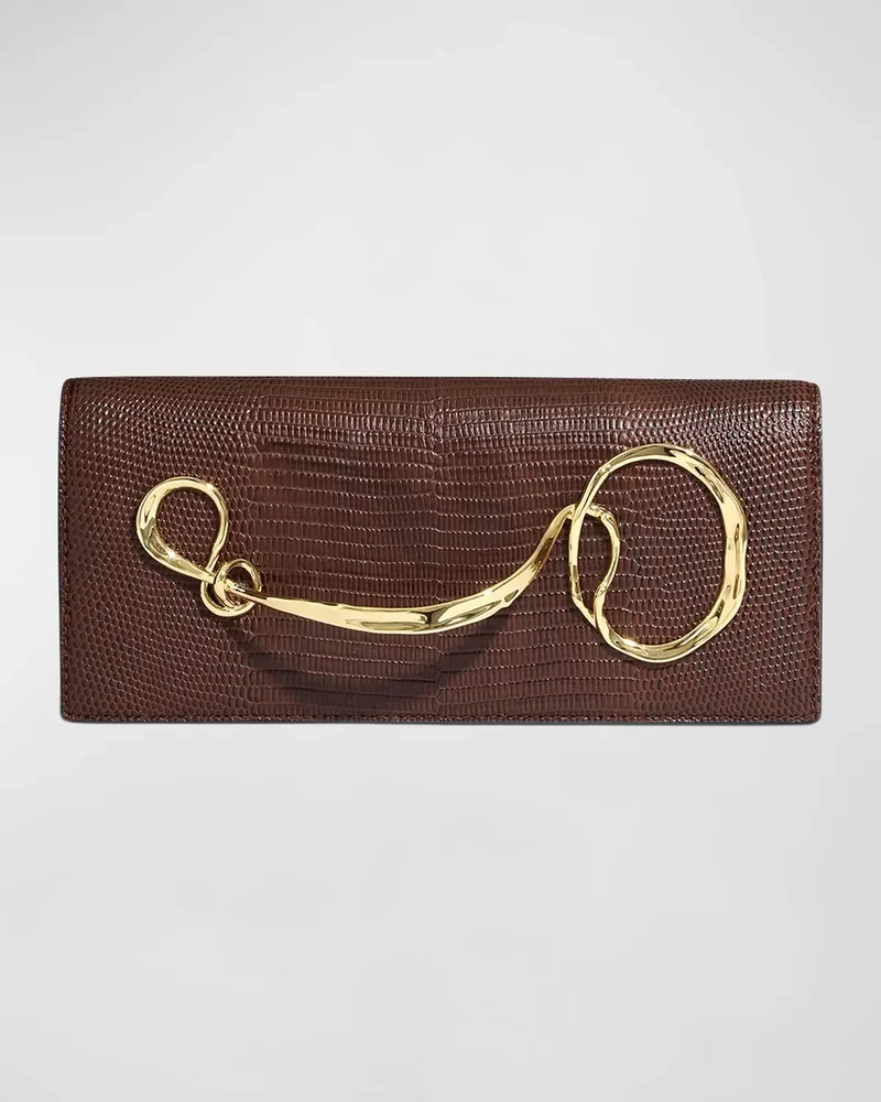 Twisted Lizard-Embossed Leather Clutch Bag