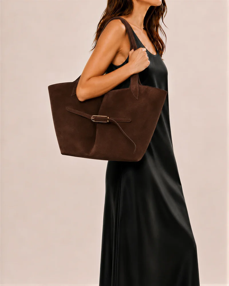 Belted Tote Dark Brown Suede