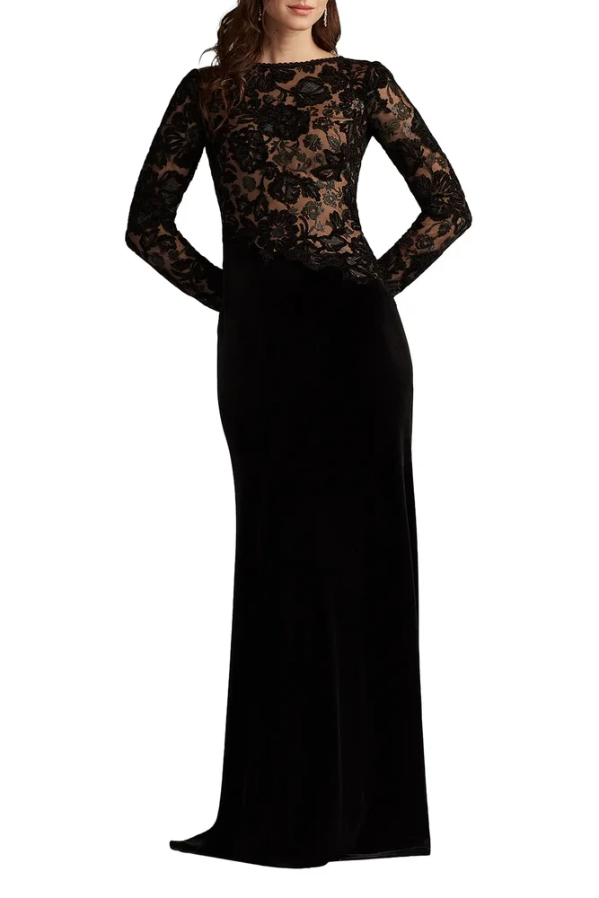 Embroidered Bodice Long Sleeve Gown