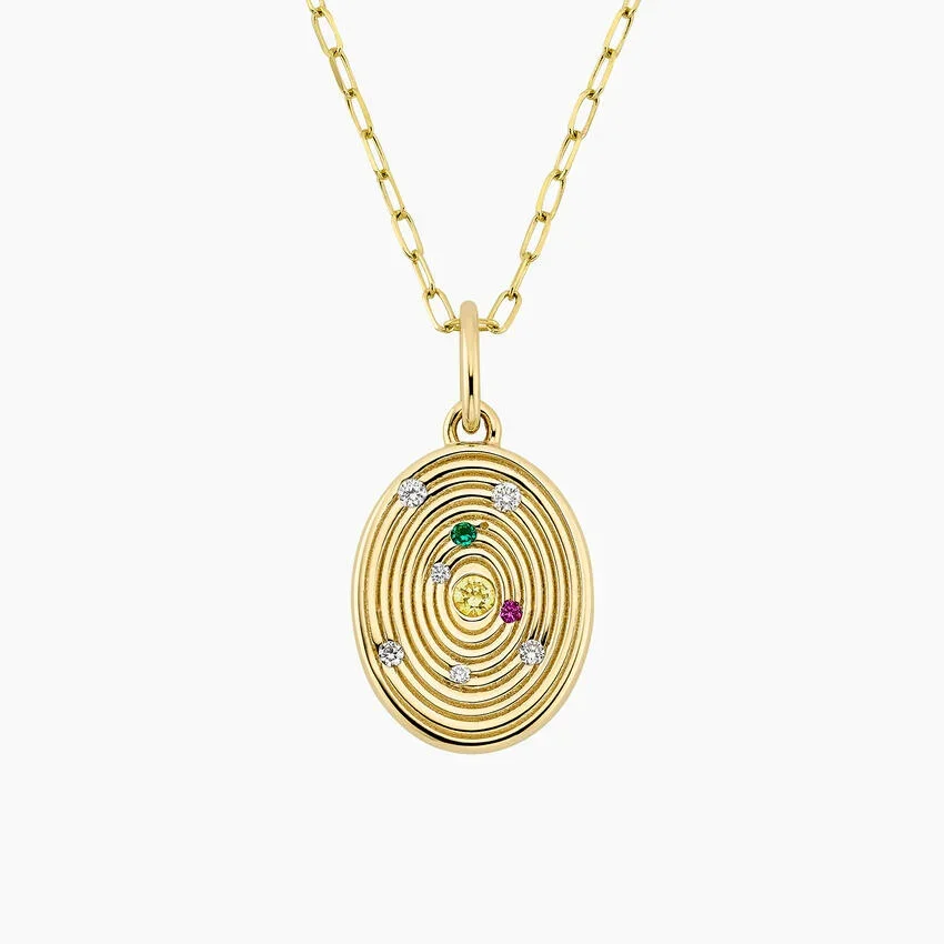 Engravable Universe Diamond and Gemstone Medallion Necklace in 14K Yellow Gold