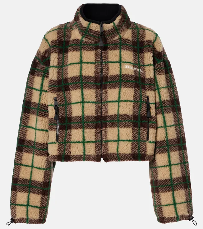 Plaid cropped fleece jacket