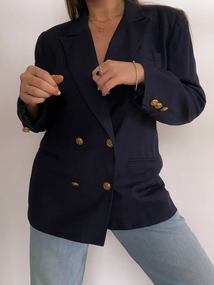 Vintage Christian Dior Logo Navy Double Breasted Blazer Size L