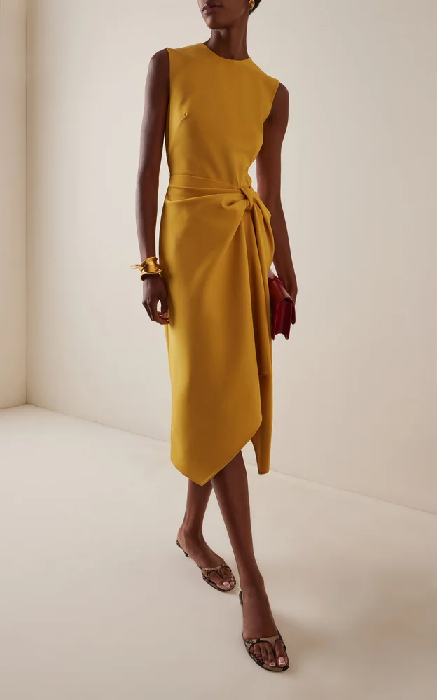 Draped-Waist Wool-Blend Cocktail Midi Dress