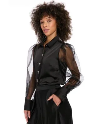 Women's Bow-Button Sheer Bishop-Sleeve Blouse