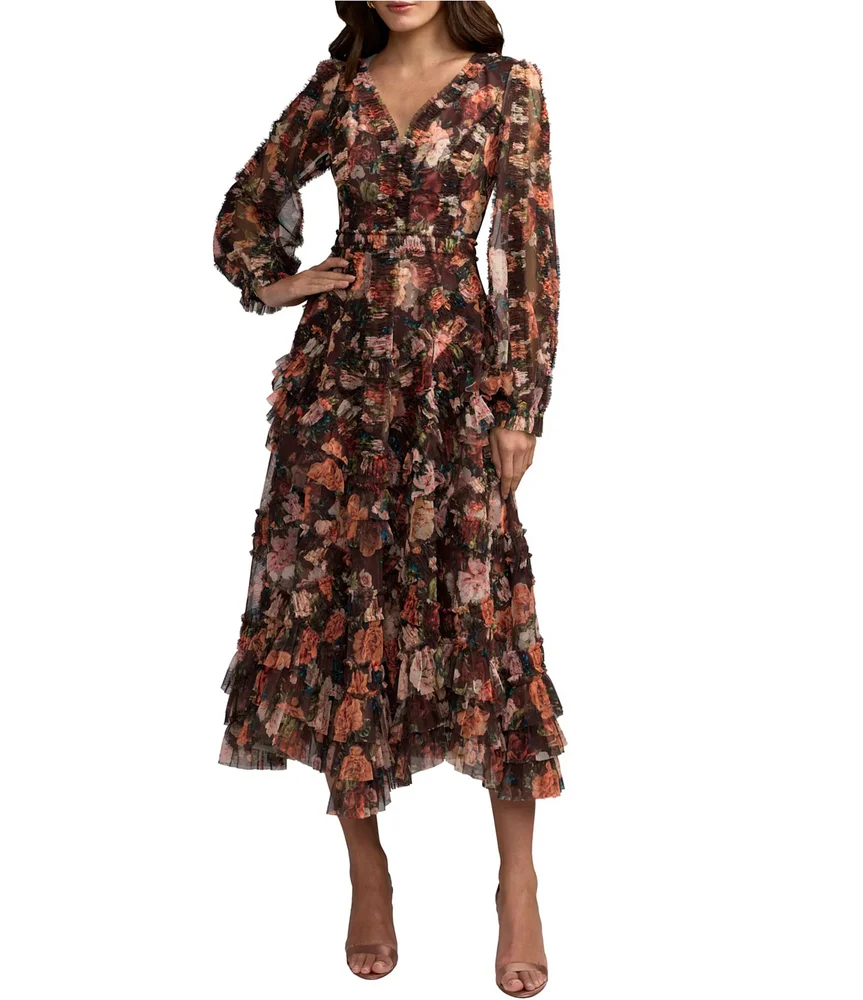 Long Sleeve Printed Micro Ruffle A-Line Dress