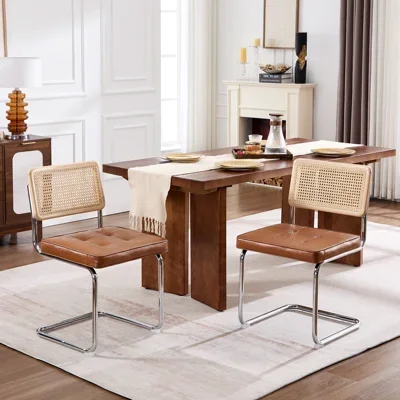 Marlow 19.1'' H Mid-Century Modern Tufted Leather Cantilever Dining Chair with Chrome Frame and Cane Rattan Back