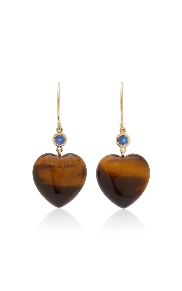 14K Yellow Gold Tiger's Eye, Sapphire Earrings